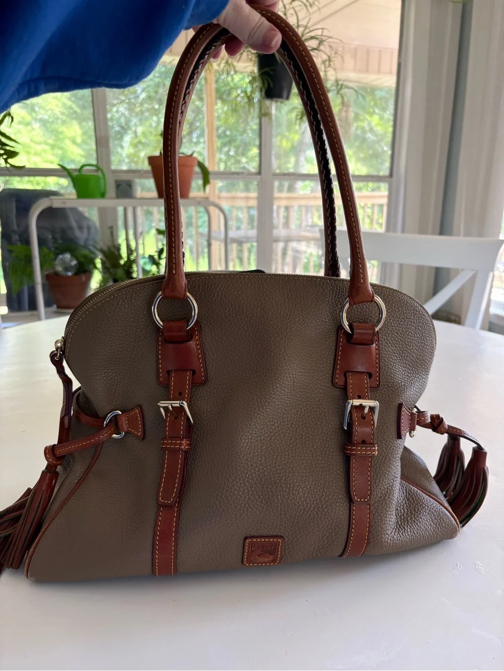 Dooney & Bourke Taupe Pebbled Leather Satchel with Brown Trim